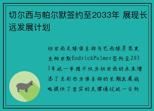 切尔西与帕尔默签约至2033年 展现长远发展计划